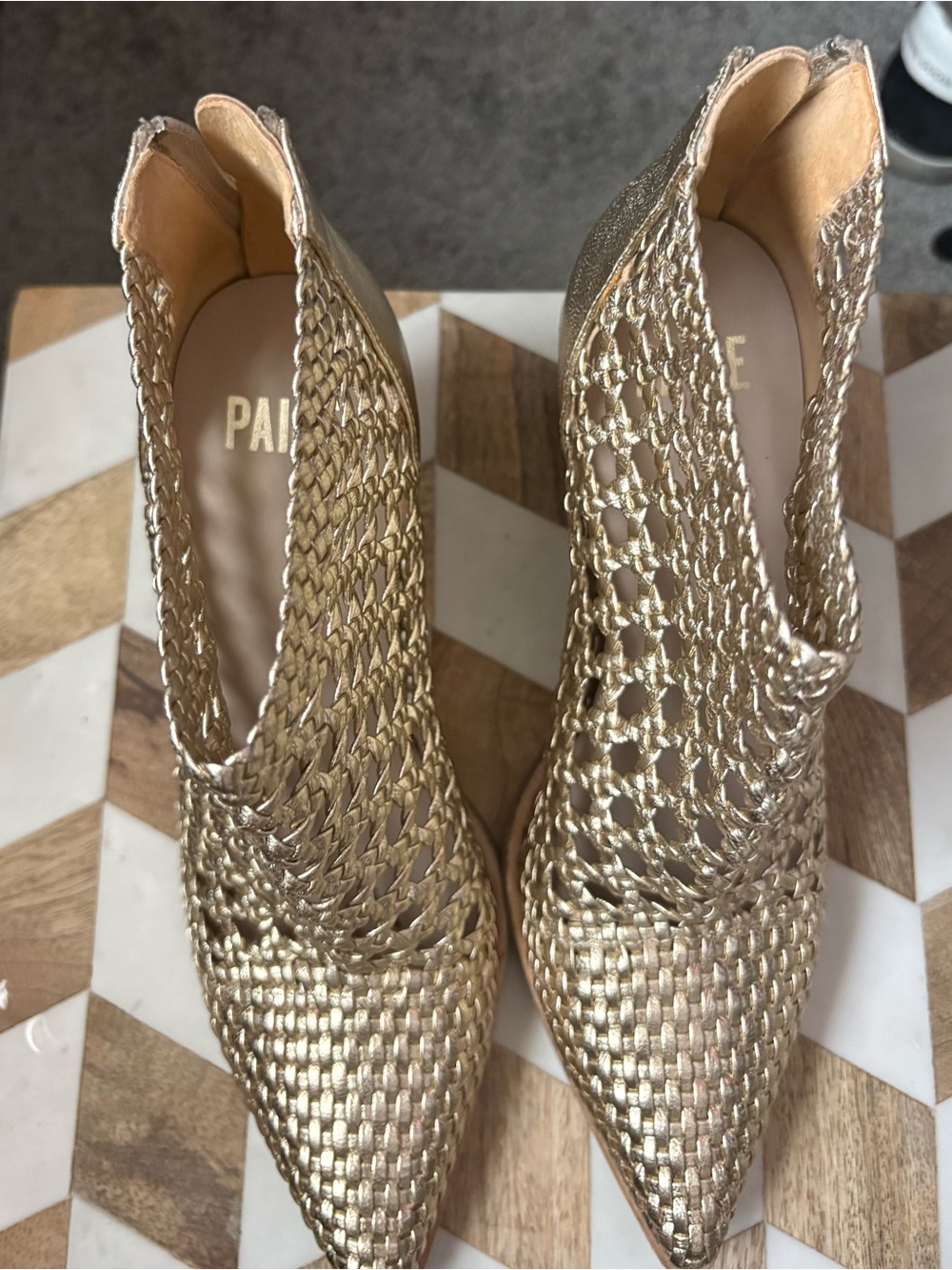 PAIGE Gold Woven Pointed Ankle Booties - Picture 2 of 3